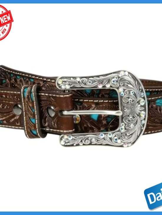 Small Leather Belt with Removable Buckle, Turquoise Inlay, Rhinestones